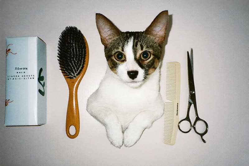 Grooming brushes, a comb and scissors laid out